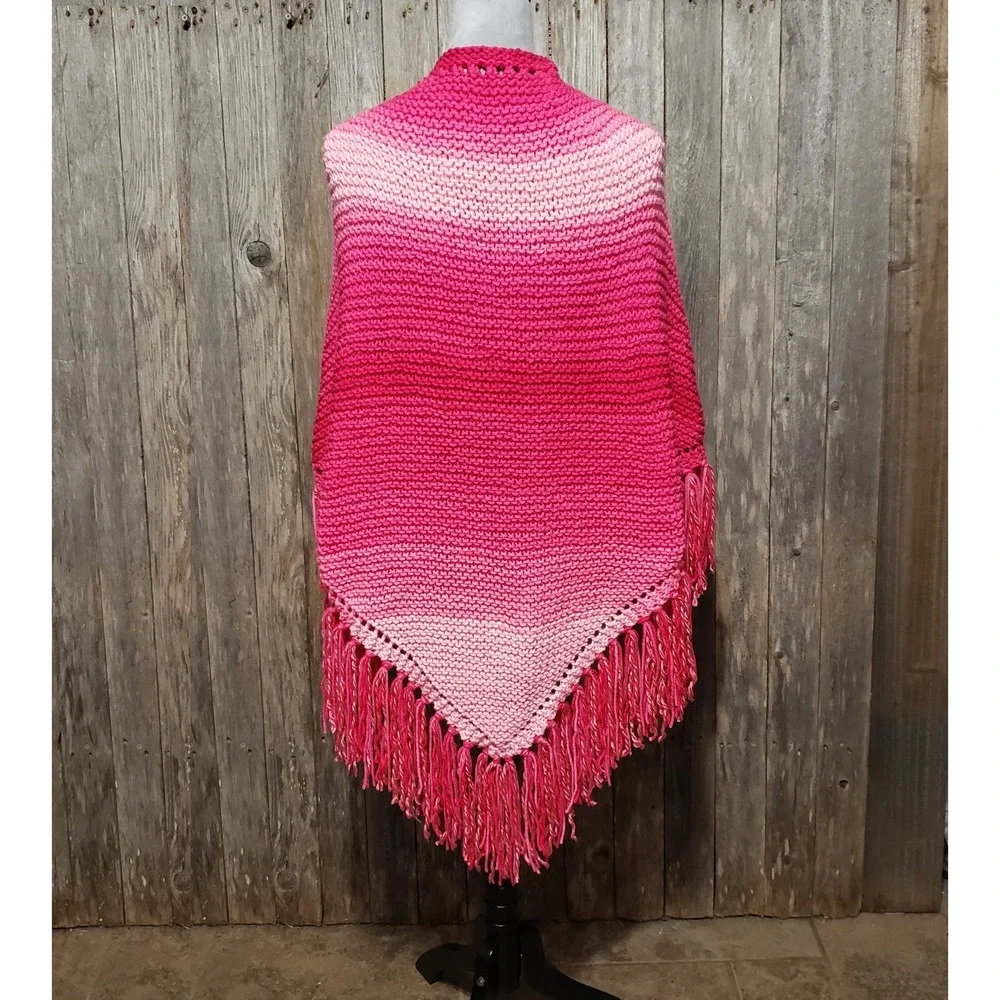 NEW Pink Ombre Hand‎ Knitted Shawl Wrap Scarf Boho Fringe Cottage Coquette Fairy